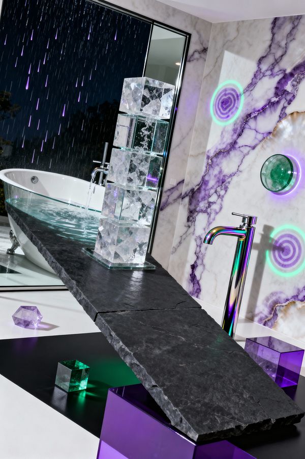 A dramatic bathroom features a freestanding white tub beside a glass wall where purple-lit rainfall cascades. A rough-edged black slate slab spans the space as a sculptural counter supported by translucent violet blocks, with stacked crystal-like cubes channeling water and an iridescent chrome faucet nearby; walls clad in white marble with bold amethyst veining host neon ring lights and a green glass disc, while prism-like cubes on the floor echo the purple and emerald illumination.