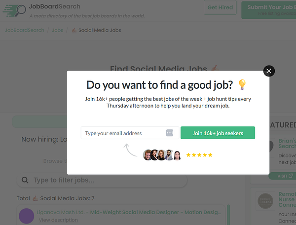 Screenshot of a website's popup newsletter subscription form opening over a job search results page for 'Javascript developer' in London.