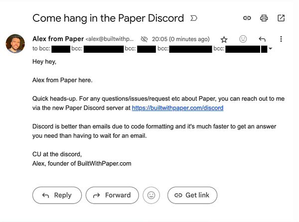 An email invitation from Alex at Paper encouraging customers to join a new Discord server.