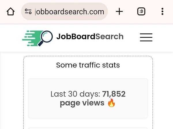The image displays traffic statistics for the JobBoardSearch website.