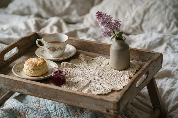 A rustic wooden tray sits on a soft, rumpled bedspread and holds a floral teacup and saucer, a biscuit on a matching plate, a small jar of jam, a crocheted doily, and a simple ceramic vase with lilac blossoms. The scene feels cozy, handmade, and vintage-inspired.