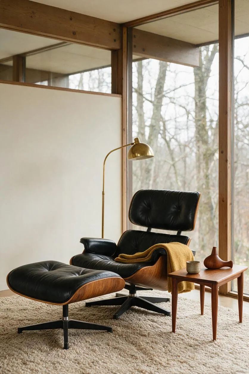A mid-century modern lounge vignette with a black leather lounge chair and matching ottoman on a shaggy cream rug, set beside a small walnut side table. A brass floor lamp stands behind the chair, and large wood-framed windows reveal leafless trees outside.