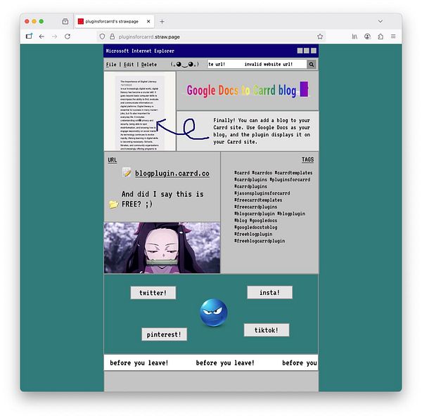 The image displays a retro-styled web page promoting a blog plugin for Carrd sites.