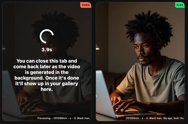 A man with curly hair is focused on his laptop while a video processing notification is displayed.