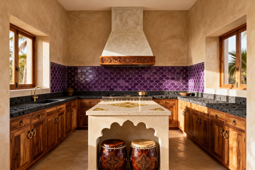 A sunlit Moroccan-style kitchen features a U-shaped layout with natural wood-framed windows, walnut cabinets with brass ring pulls, and textured black stone countertops. A central island with scalloped arch details supports a cream terrazzo top with brass inlays, while a plum-purple fish-scale zellige backsplash runs wall to wall beneath a plaster hood trimmed in carved wood; a brass faucet, built-in range, tadelakt plaster walls, and two leather drum stools complete the warm, artisan-crafted space.