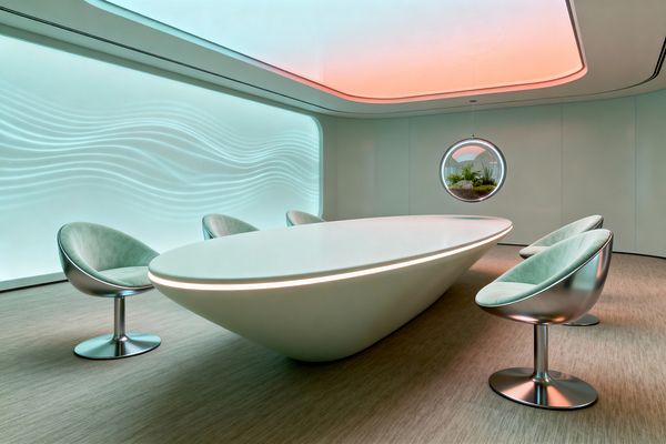 Futuristic dining room with a large, sculptural white oval table edged by a thin LED strip, surrounded by four bowl-shaped swivel chairs with brushed metal bases and mint cushions. A glowing aqua wall with subtle wave texture and a recessed ceiling washing from coral to cool cyan light frame the space, while a round porthole terrarium and seamless pale walls sit above neutral woven flooring.