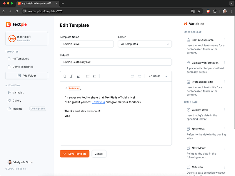TextPie: Create and Insert Templates