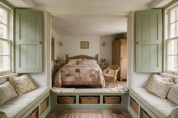 A cozy cottagecore master bedroom seen through an open central doorway, with a wooden bed dressed in a pink patchwork quilt, wicker chair, and rustic wardrobe. Built-in window benches with checkered cushions and floral pillows frame the room, while pale sage shutters, woven baskets, and terracotta flooring add a warm, lived-in charm.