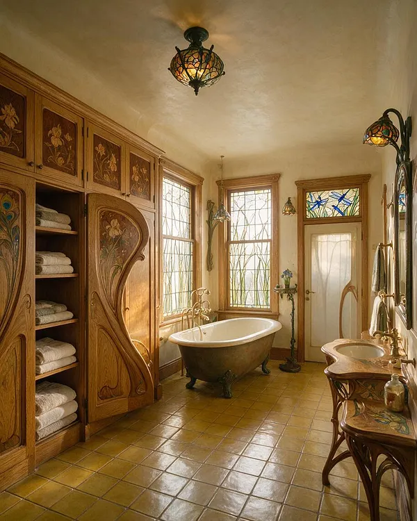 A warm Art Nouveau bathroom with a claw-foot soaking tub centered near tall leaded windows, built-in carved wood cabinetry on the left, and a vintage vanity on the right. Stained-glass light fixtures, floral wood inlays, brass fixtures, and yellow terracotta tile create an elegant, handcrafted atmosphere.