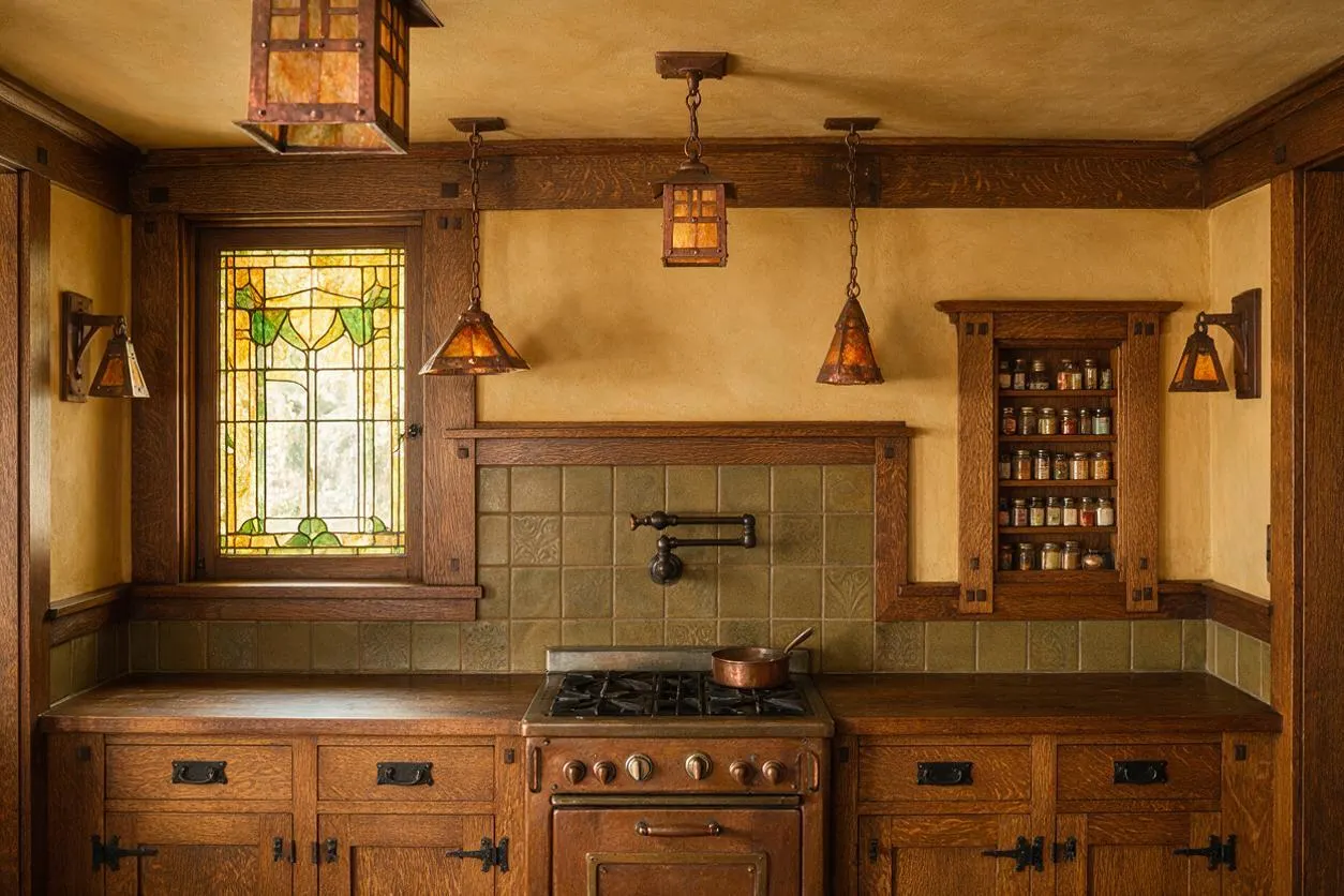 A Craftsman-style kitchen with rich wood cabinetry, dark wood trim, and a stained-glass window above the counter. The space features green tile backsplash, a vintage-style stove, pendant lights with amber glass, and a built-in spice cabinet on the right wall.