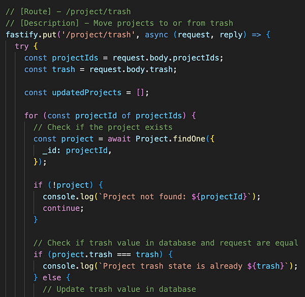 The image displays a code snippet for a Fastify route handling project trash state changes.