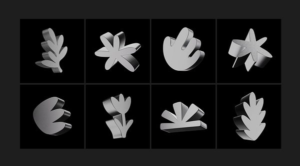 The image features a grid of eight distinct 3D shapes designed with a modern aesthetic.