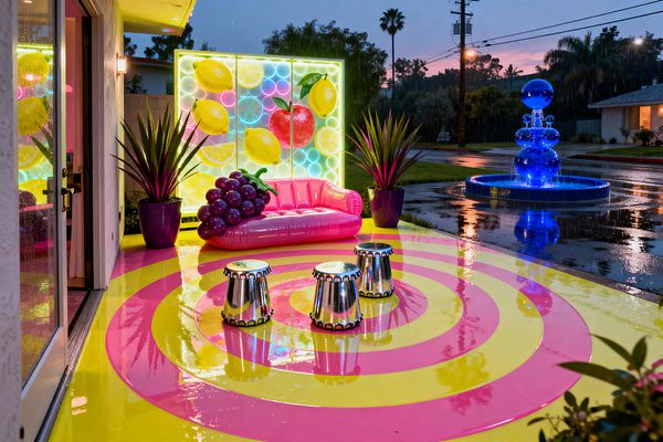 An outdoor patio at dusk shows a glossy floor painted in alternating hot pink and lemon-yellow concentric rings, wet from rain. Three chrome barrel stools sit before a bubblegum-pink vinyl loveseat with a sculptural grape accent. Behind, a backlit acrylic panel displays oversized neon fruit and glowing circles. Two purple planters hold spiky plants. In the yard beyond, a bright blue stacked-sphere fountain illuminates puddles and a palm-lined street.