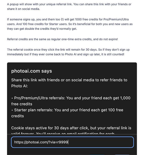 The image displays a promotional message about a referral program for Photo AI, detailing the benefits and terms of participation.
