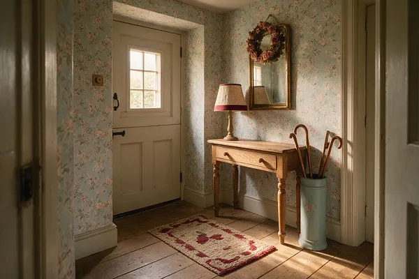 A cozy cottagecore entryway with floral wallpaper, a cream-painted half-glazed door, and warm wooden floorboards. A small wooden console table holds a table lamp beneath a gold-framed mirror and dried wreath, while a pale blue umbrella stand with wooden canes adds a charming vintage touch.