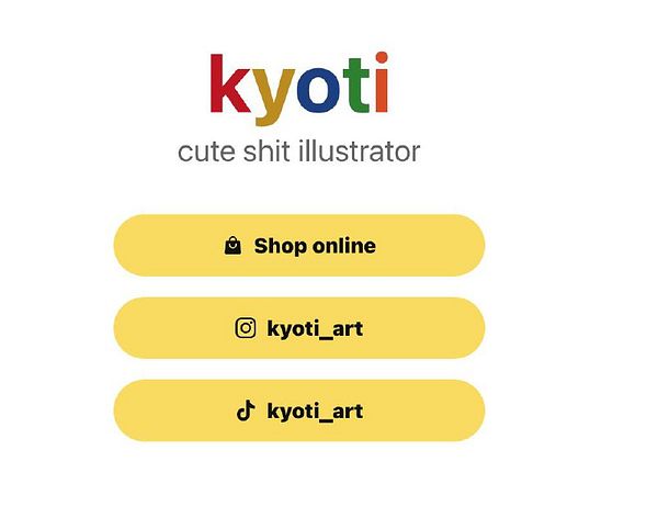 The image features a promotional layout for an illustrator named Kyoti, highlighting their online shop and social media links.