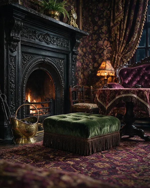 A richly decorated Victorian parlor with a black carved fireplace, a glowing fire, deep floral wallpaper, and heavy patterned drapes. A green velvet fringe ottoman sits on a purple-toned carpet, with a tufted burgundy chair, a brass coal scuttle, and a warm table lamp creating a dark, intimate atmosphere.