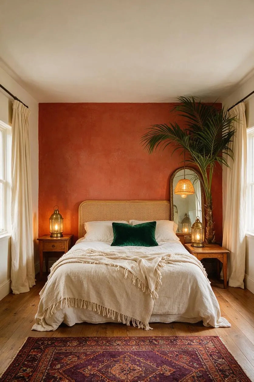 A cozy bohemian master bedroom with a terracotta accent wall, a cane headboard, white bedding with a textured throw, and dark green accent pillow. Wooden nightstands hold lantern-style lamps, a tall palm stands beside a leaning mirror, and cream curtains frame the windows over warm wood floors and a patterned rug.