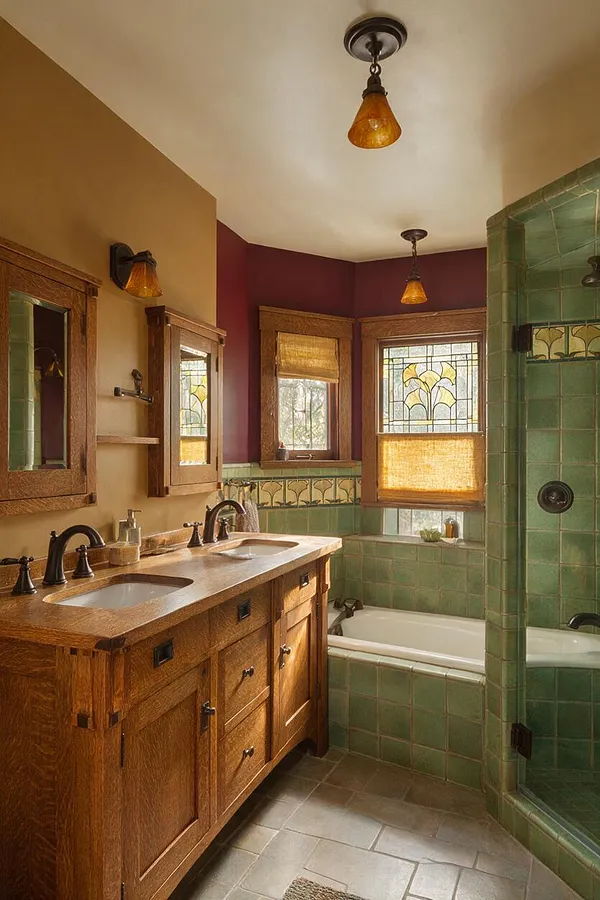 A Craftsman-style master bathroom with a double wood vanity, amber glass light fixtures, and green tiled bathtub and shower surround. Stained-glass windows, rich burgundy walls, and warm natural finishes create a cozy, handcrafted feel.