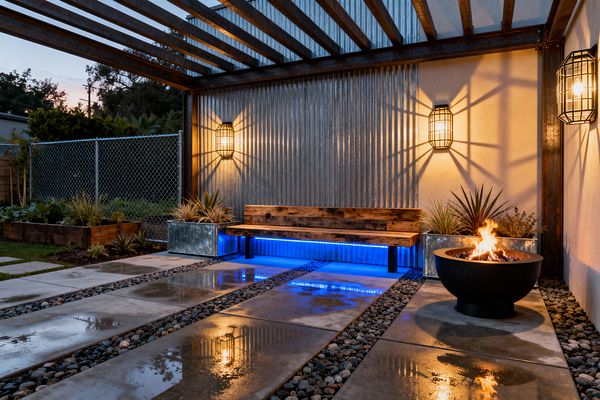 Twilight view of an industrial patio with a rusted steel pergola, corrugated metal wall, and a long reclaimed-wood bench between galvanized planters filled with spiky grasses and succulents. Warm cage-style sconces cast starburst shadows while blue LED light glows beneath the bench; wet concrete pavers with river-rock joints lead to a matte black bowl fire pit beside a smooth stucco wall and chain-link fence.