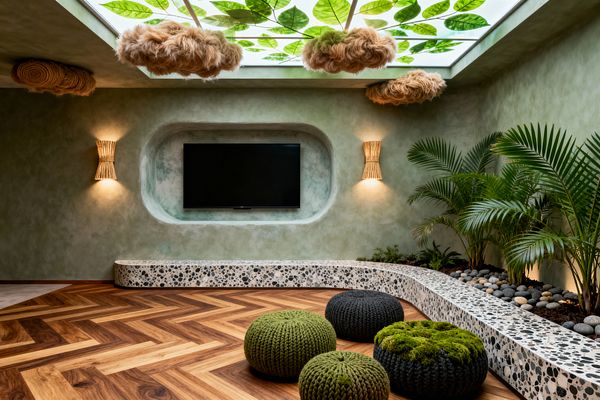 A media room with sage green limewashed walls centers on a wall-mounted TV set inside a rounded niche, flanked by rattan sconces. A curved terrazzo bench defines a planted bed of palms and smooth river stones; herringbone wood flooring holds chunky knitted poufs, including moss-topped seats, while a translucent ceiling panel printed with oversized leaves and fluffy cloud-like fixtures diffuse warm, golden light for an immersive biophilic atmosphere.