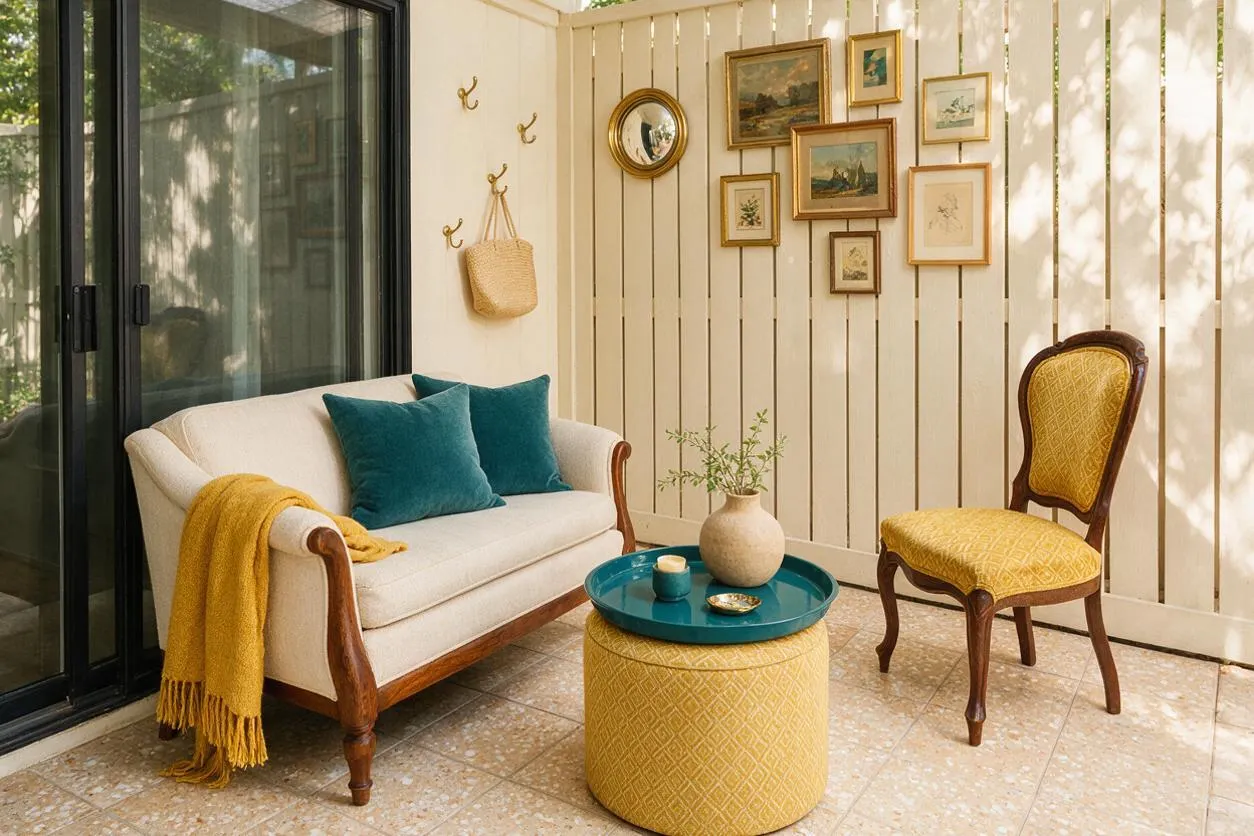An eclectic patio seating area with a cream sofa, teal pillows, a mustard throw, and a mustard upholstered chair. A teal tray table sits on a yellow ottoman, set against a cream slatted wall decorated with framed art and a round mirror, beside dark sliding glass doors.