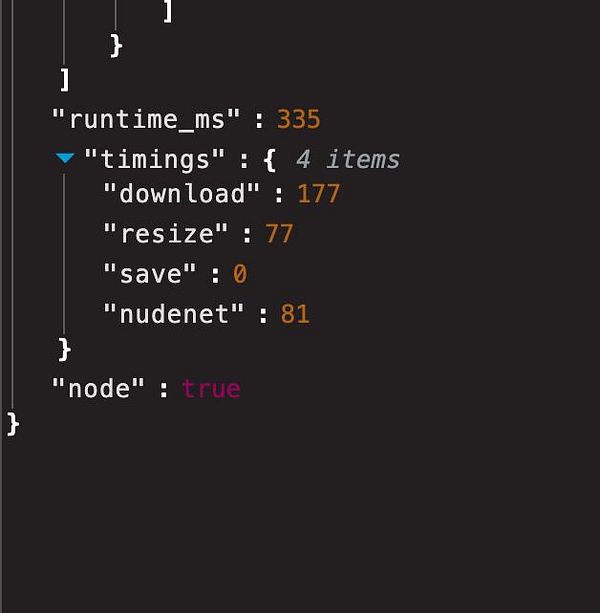 The image displays a code snippet showing performance metrics for NudeNet in JavaScript compared to Python.