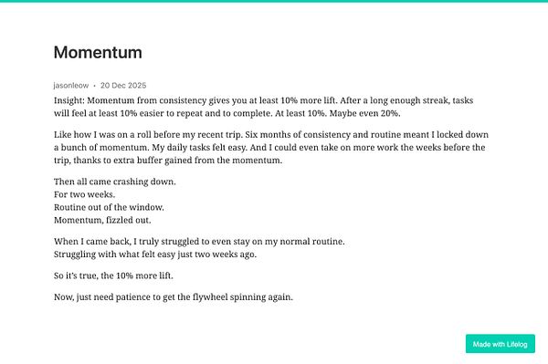 A reflective post discussing the concept of momentum in daily tasks and routines.