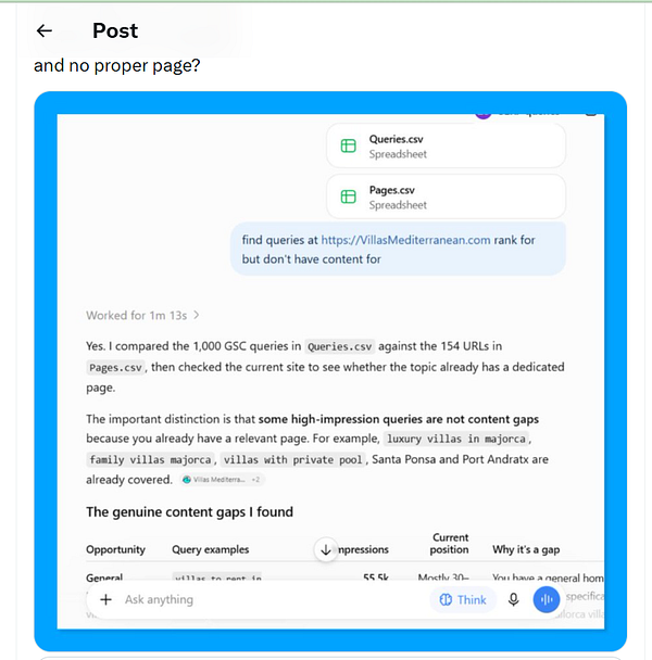 Screenshot of a tool analyzing Google Search Console queries against website URLs to identify content gaps with detailed explanation and data.