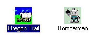 The image features icons for the games Oregon Trail and Bomberman.