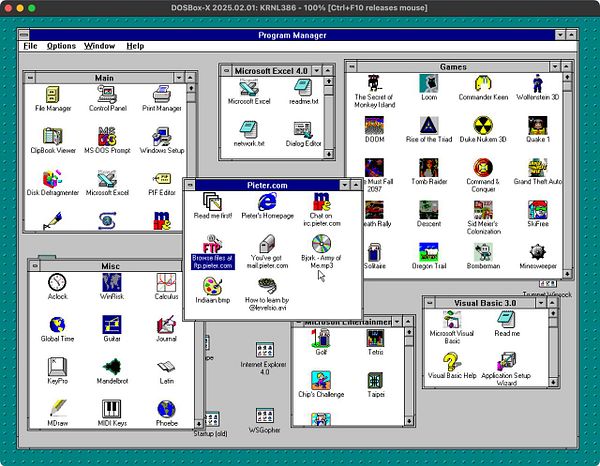 A vintage computer interface displaying a program manager with various applications and games.