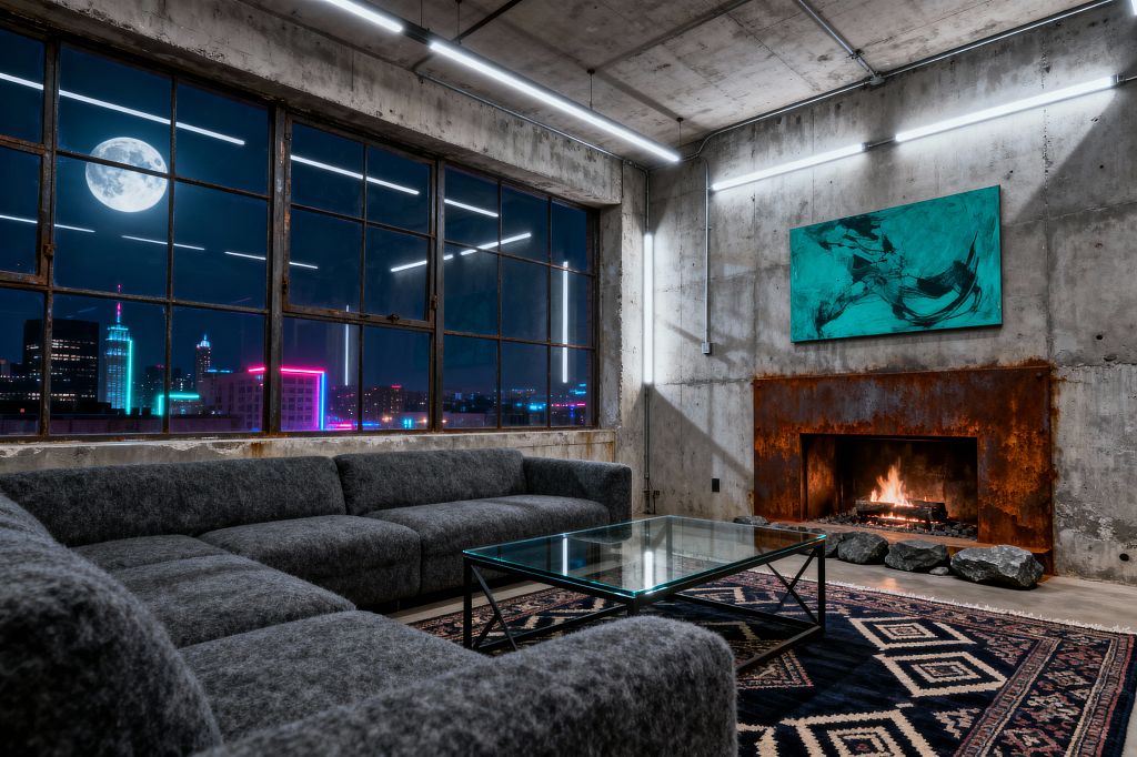An industrial living room with exposed concrete walls and ceiling features visible conduit and linear LED lights, a large factory-style window framing a night skyline and full moon, and a charcoal U-shaped sectional around a glass coffee table on a dark geometric rug. A working fireplace with a rusted steel surround warms the space, flanked by loose stones, while a teal abstract painting hangs above.