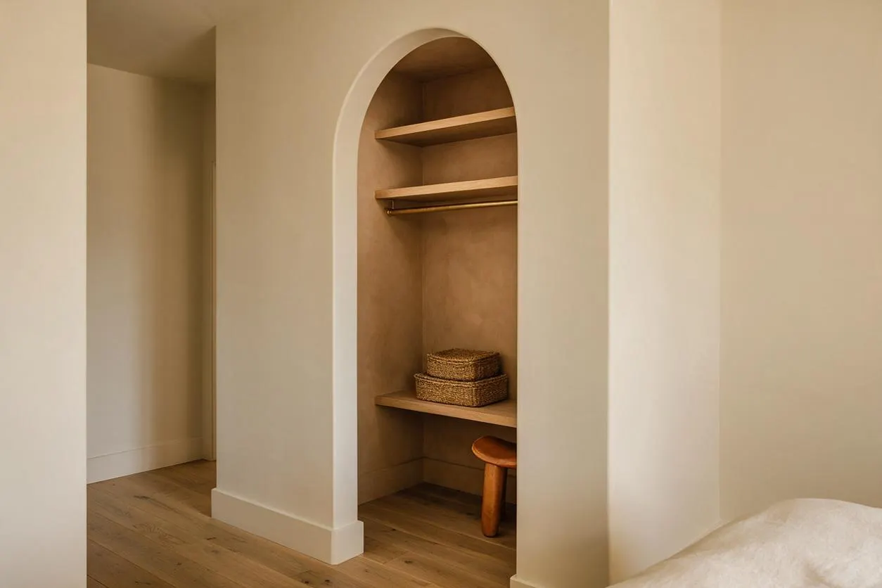 A minimalist closet nook built into a curved wall opening, finished in warm beige plaster with natural wood shelves and a hanging rod. Woven storage baskets sit on a lower shelf, and a small wooden stool rests below, with light oak flooring and soft neutral tones throughout.