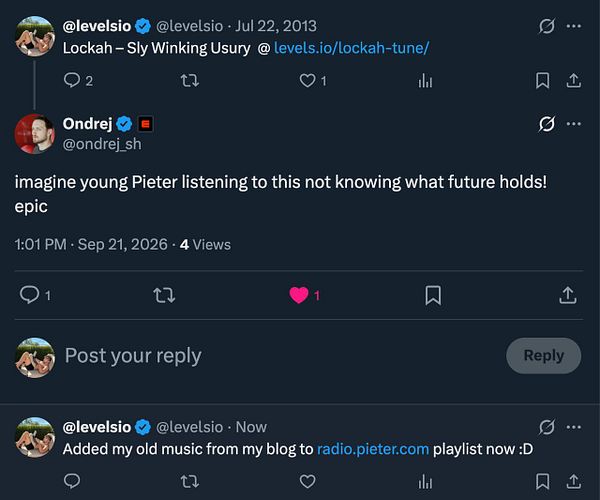 Twitter conversation about adding old music posts to a playlist on radio.pieter.com.