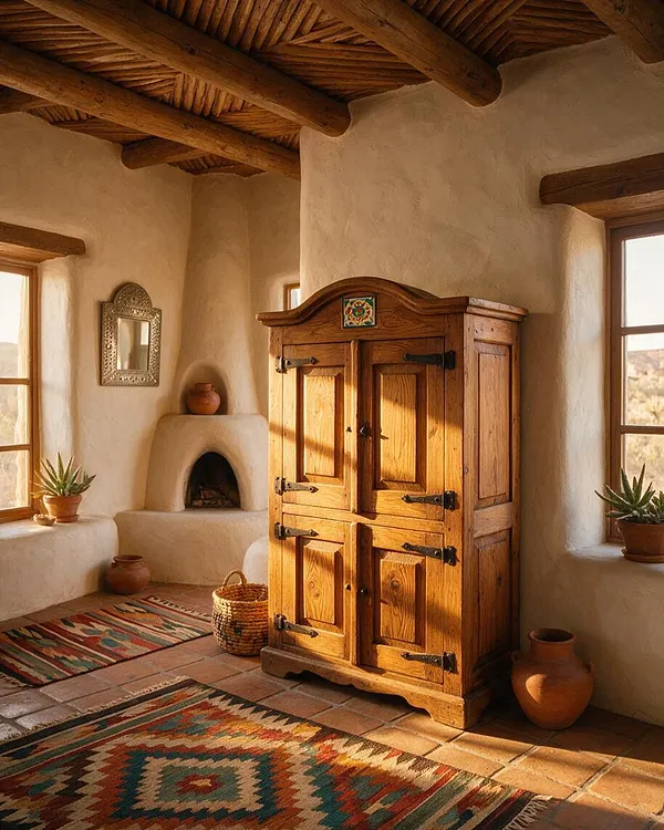 A warm Southwestern interior with plaster walls, exposed wood ceiling beams, terracotta tile flooring, and a carved wooden armoire centered between sunlit windows. Colorful woven rugs, clay pottery, small potted succulents, and a decorative wall mirror add texture and handcrafted charm.