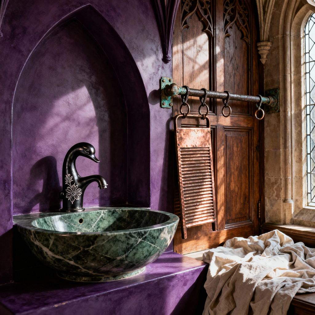A compact Gothic-inspired laundry corner features a pointed-arch niche in deep purple plaster with a green marble vessel sink and a swan‑neck matte black faucet bearing a floral motif. To the right, a leaded glass window illuminates carved wood cabinet doors, a wrought-iron rail with verdigris brackets and rings, and a hanging hammered copper washboard, while a bundle of light linen fabric rests on the stone sill.
