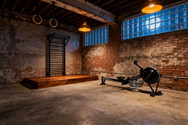 Industrial-style home gym in a raw brick room with a sealed concrete floor and exposed ceiling joists. A low walnut platform holds a wall-mounted black steel stall bar, with wooden gymnastic rings suspended above. On the right, a black rowing machine with a water tank sits against distressed brick and plaster. Glass-block clerestory windows and warm dome pendants create a mix of cool blue and amber light across the space.