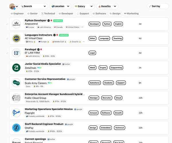The image displays a job listing interface with various job postings for different roles.