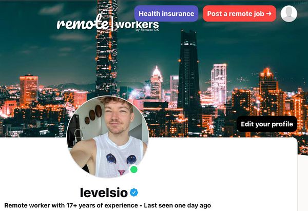 A user profile on the Remote OK platform featuring a profile picture and a city skyline background.