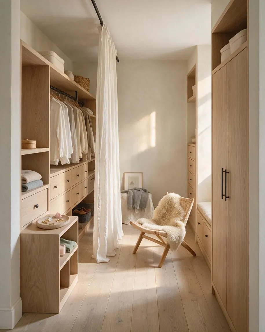 A narrow Scandinavian-style closet with light oak built-in cabinetry on both sides, open shelving, drawers, and hanging clothes. A sheer curtain divides the space, and a small lounge chair with a sheepskin throw sits in soft natural light on pale wood floors.