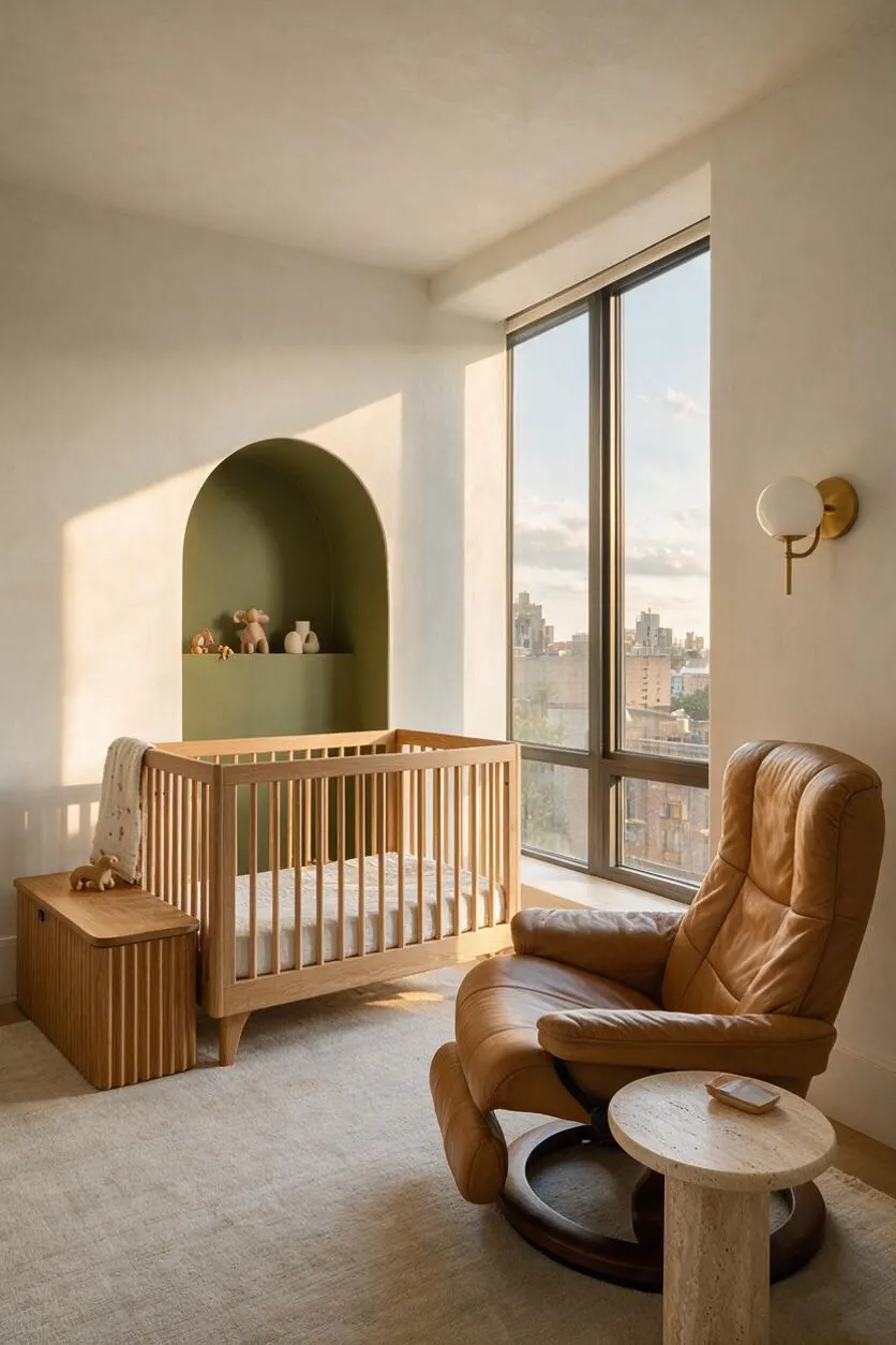 A modern nursery filled with warm natural light, featuring a light wood crib beside a built-in olive-green arched alcove shelf with small toys and decor. A tan leather lounge chair and round side table sit near a large window with city views, creating a calm, airy space.