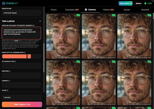 The image displays a user interface for a photo AI application, featuring a close-up portrait of a model with gold-rimmed glasses.