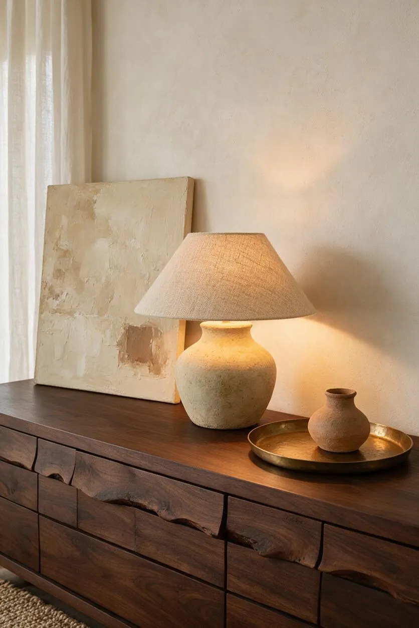 A warm Organic Modern vignette with a dark wood dresser against a textured cream wall. A ceramic table lamp with a linen shade glows softly beside a small clay vase on a brass tray, with a neutral abstract canvas leaning behind it and sheer curtains filtering light from the left.