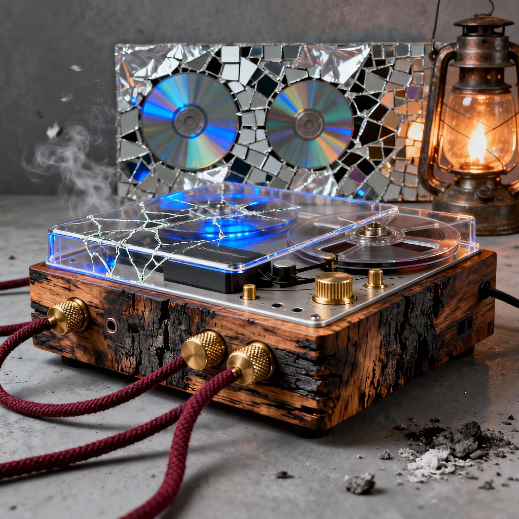 A close-up of a handcrafted media console built from charred wood with brass knobs, braided burgundy cables, and a clear acrylic lid fractured like spiderweb glass over spinning reels lit by blue LEDs. Behind it, a cracked-mirror mosaic frames two CDs, while an oil lantern casts a warm flame; ash, smoke, and a raw concrete wall complete the distressed post-apocalyptic setting.