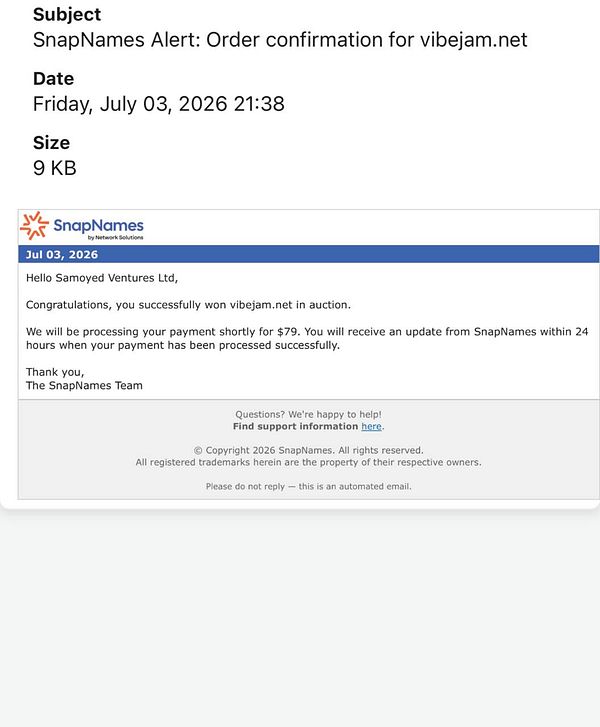 Screenshot of SnapNames backorder page showing 'vibejam.org' and 'hotelist.net' domains available for auto purchase at $79 each.