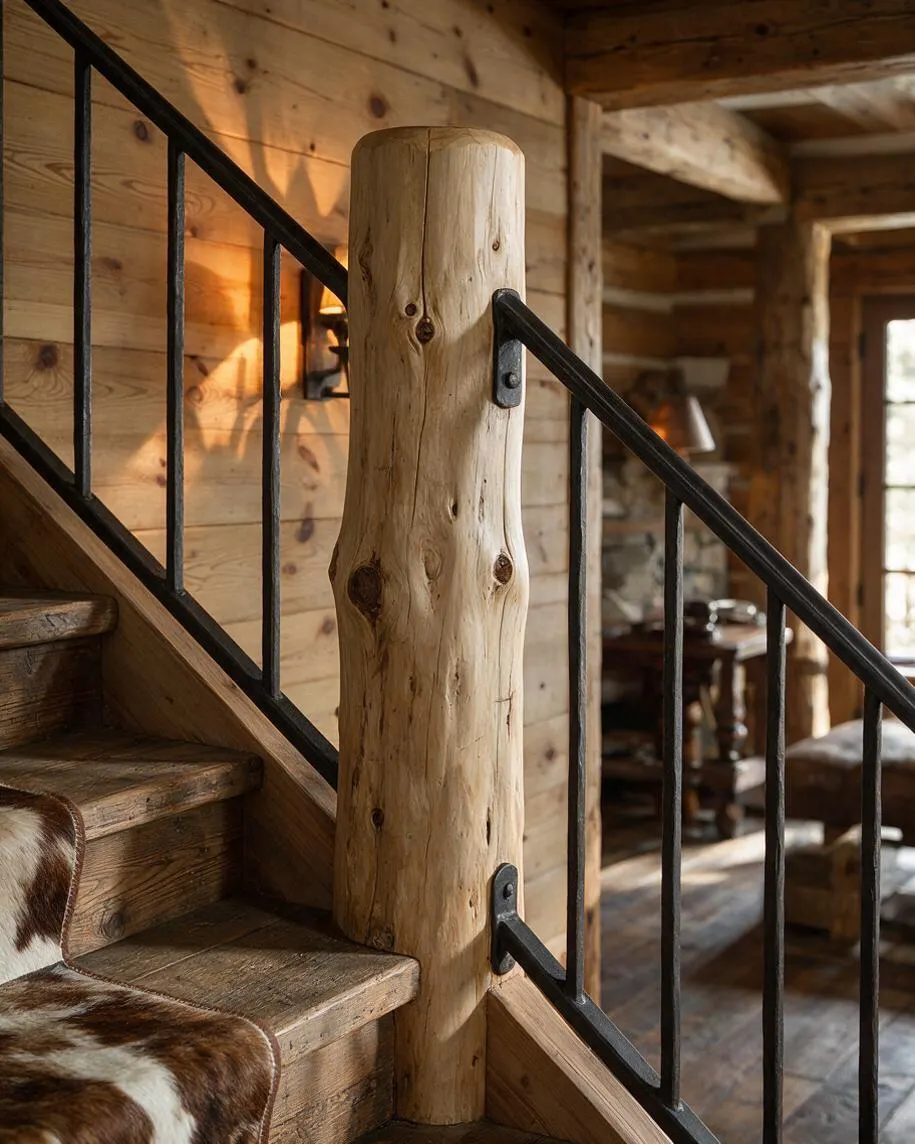 A close view of a rustic interior staircase with thick natural log posts, weathered wood steps, and black iron railings. Cowhide runners line the stairs, while pine plank walls, heavy timber beams, and a warm cabin-style living area appear in the background.