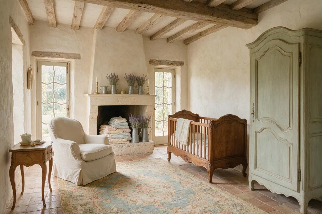 A French Country nursery with a carved wooden crib, an upholstered cream armchair, and a distressed pale green armoire. Exposed wood ceiling beams, plaster walls, a stone fireplace, and a faded floral rug create a soft, rustic atmosphere with natural light from tall windows.