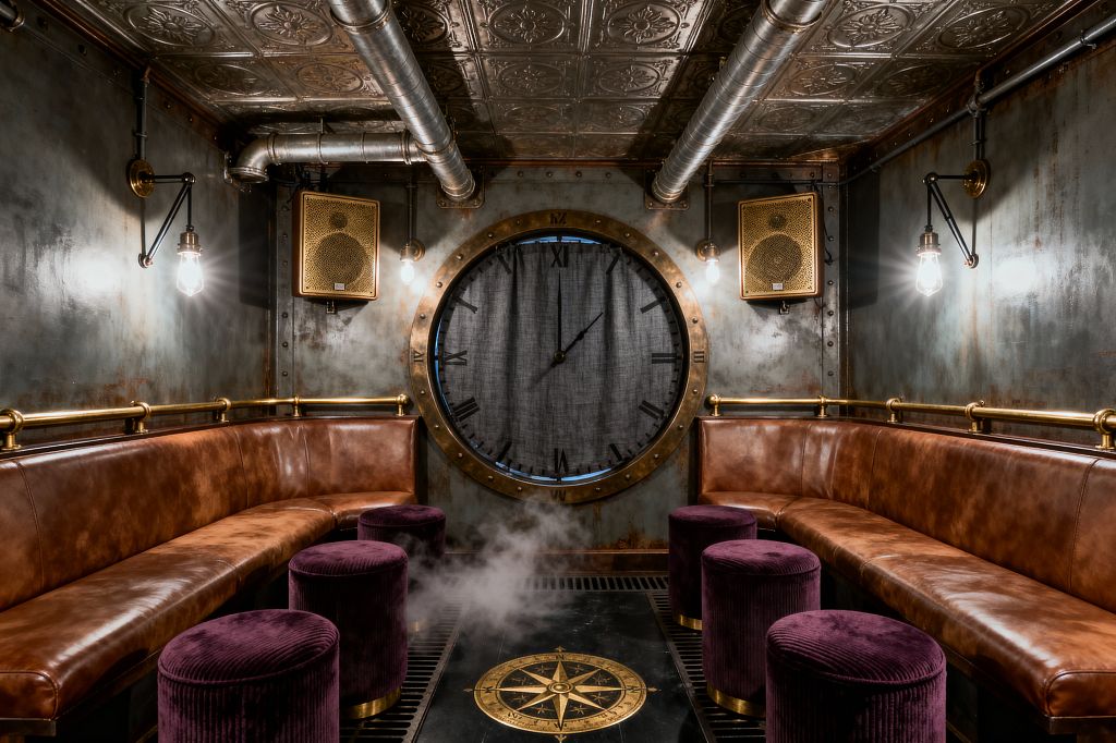 A narrow steampunk media room features distressed steel walls with rivets, a large brass-rimmed porthole clock at the center, and long cognac leather banquettes along both sides. Exposed ductwork, pressed tin ceiling tiles, brass railings, Edison-style wall lights, and mesh-front speakers enhance the industrial look. Plum velvet ottomans sit on a black floor with a brass compass rose, while light steam rises from floor grates.