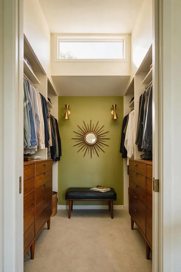 A narrow walk-in closet with built-in hanging rods on both sides, walnut dressers with tapered legs, and a black upholstered bench at the end. The back wall is painted olive green and styled with a sunburst mirror and brass wall sconces, while a horizontal transom window brings in soft daylight.