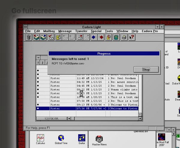 The image displays the Eudora Light email client interface showing a progress window for sending an email.